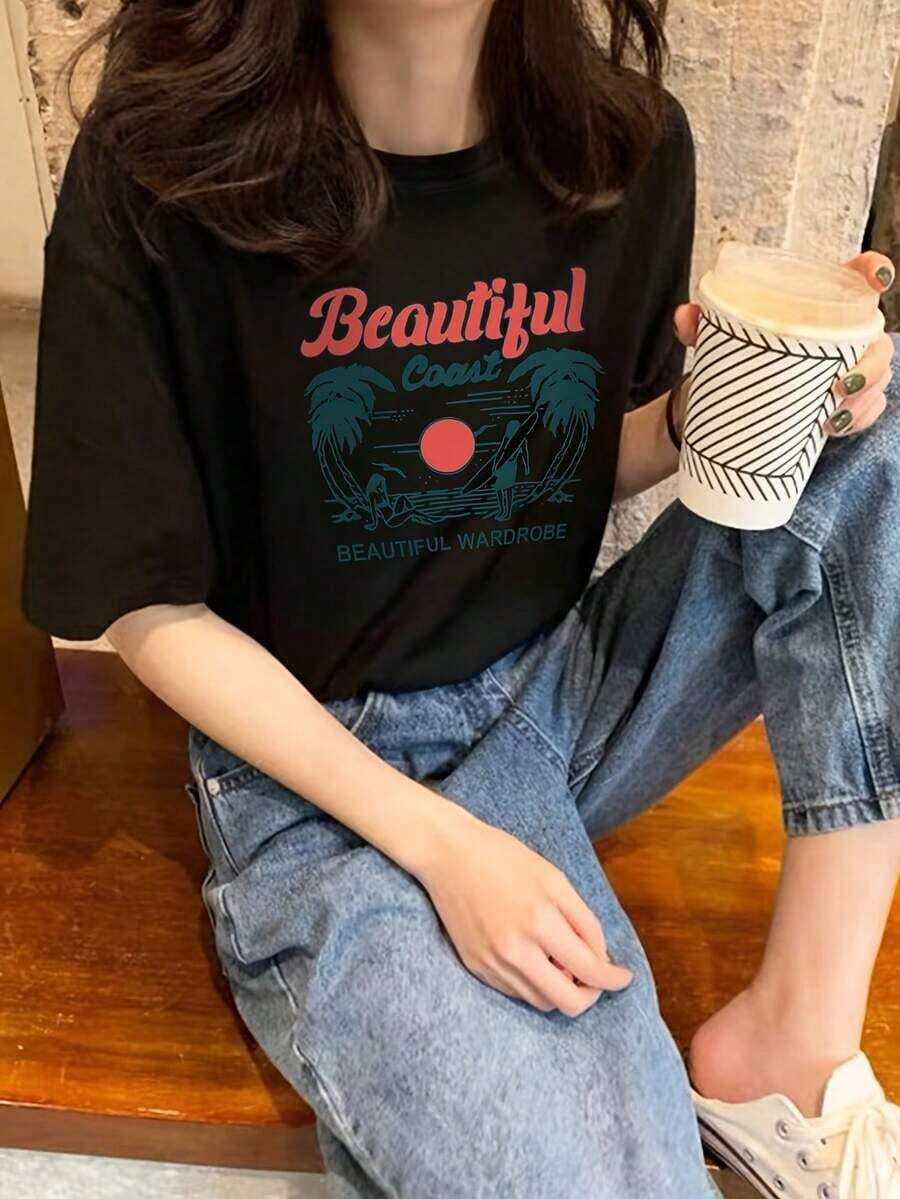 2026 Fashion For Women, Quality Casual Cotton T-Shirt, New Release, 1 Piece Women's Loose Fit Pure Cotton Short Sleeve T-Shirt, Summer Casual T-Shirt, Printed T-Shirts, Unisex Basic T-Shirt - 黑色 - 查看 1