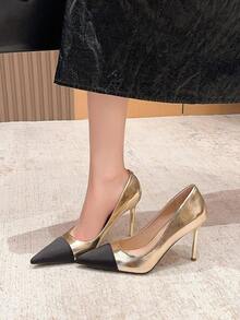 Xin Jing Shoes 女士时尚尖头拼接高跟鞋,适合日常通勤 - 金色 - 查看 8