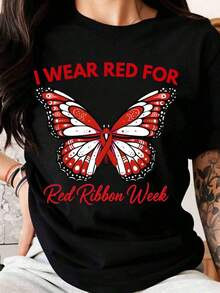 Me Pongo Rojo Para La Semana de la Cinta Roja, Camiseta Con Diseño de Mariposa Para Concientizar, 100% Algodón Puro, Camiseta de Mujer - Negro - Ver 1