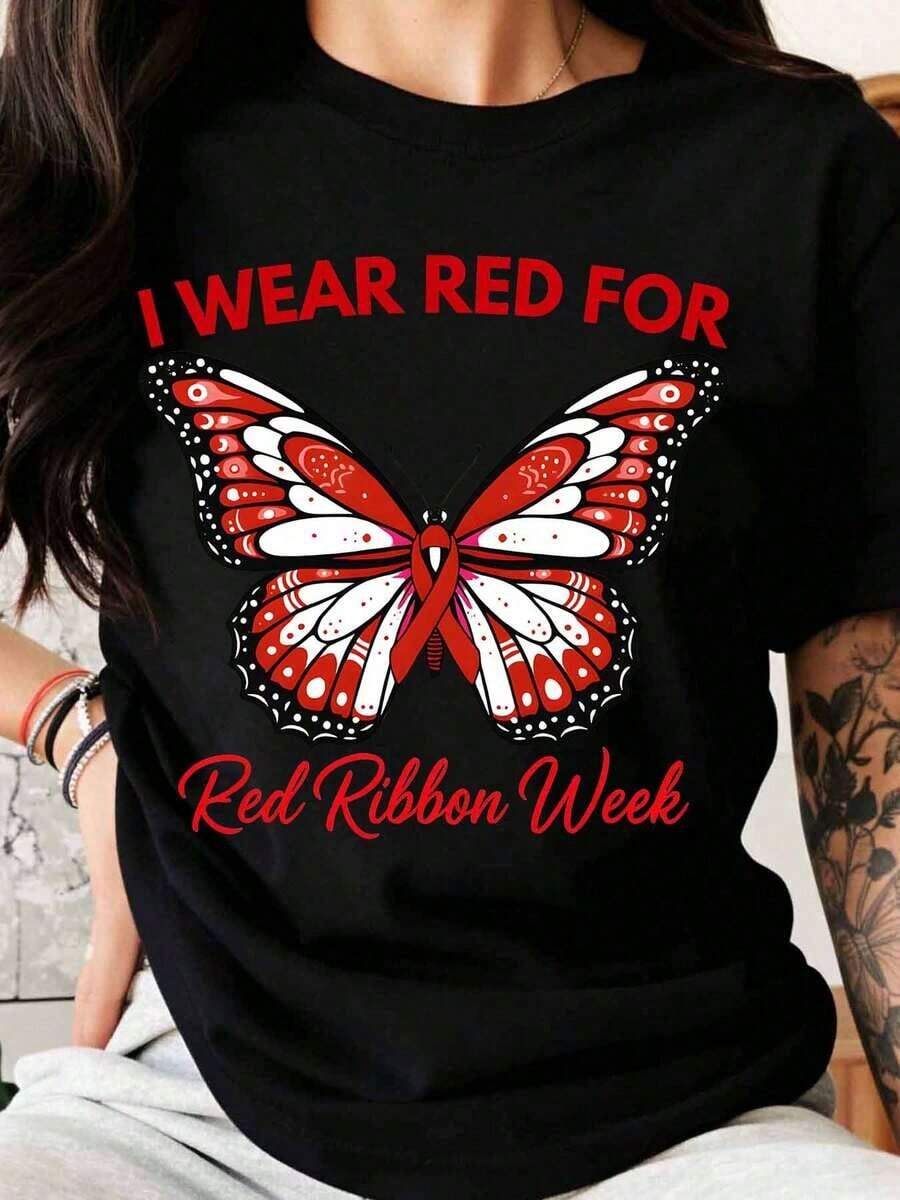 Me Pongo Rojo Para La Semana de la Cinta Roja, Camiseta Con Diseño de Mariposa Para Concientizar, 100% Algodón Puro, Camiseta de Mujer - Negro - Ver 1