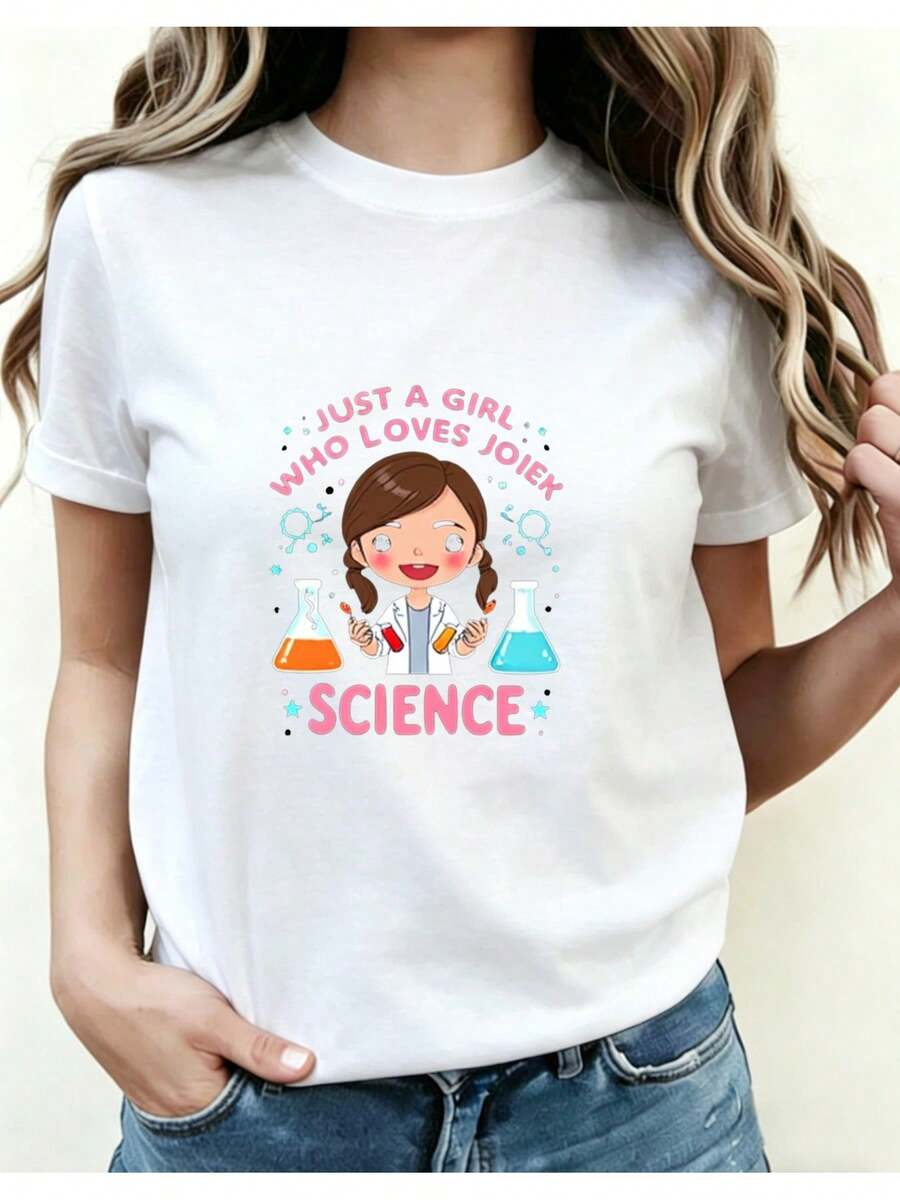 Camiseta Deportiva Casual para Mujer con Gráfico de Niña Científica en Estilo Cartoon - Camiseta Blanca Elástica de Cuello Redondo, Lavable aáquina, Ajuste Cómodo y Apta para Todas las Estaciones, para Amantes de la Ciencia y el Estilo Divertido. - Blanco - Ver 1
