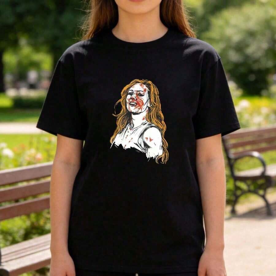 Women's Anime Character Print T-Shirt, Fashionable Casual Top With Anime Design For Anime And Manga Fans, Suitable As A Gift. Women's T-Shirt. Blouses>Elegant. Boho Chic, Soft, Breathable And Comfortable Women's Top, Ideal For Spring, Summer And Autumn, Perfect For Vacations, Travel And Everyday Wear. - 黑色 4 - 查看 1