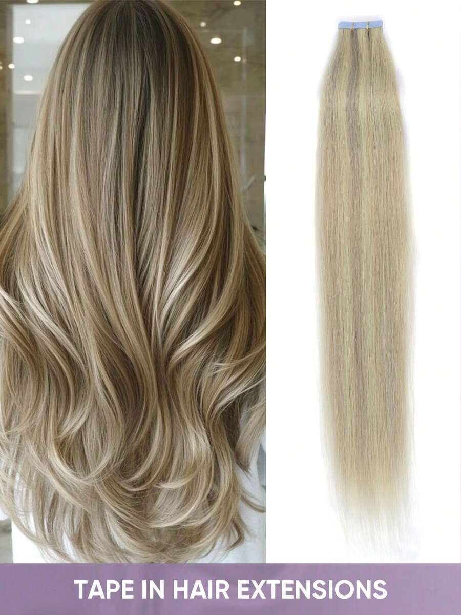 20pcs 14-22 Inch Seamless Double-Sided Tape-In Human Hair Extensions, Invisible Tape-In Hair Extensions, Straight Hair, Suitable For Party & Daily Wear