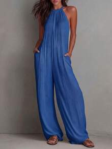 White Wide-Leg Jumpsuit With Pleats And Open Back, Perfect For A Holiday Look. - 藍色 - 查看 1