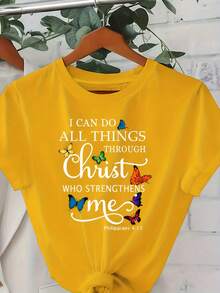 Camiseta de Mujer con Estampado de Letras de Dibujos Animados, Estilo Casual Holgado - Negro - Ver 4