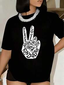 Women's T-Shirt With Hand Print: Peace, Love, Hope, Faith, Unity, Joy, Kindness, Short Sleeve, Round Neck, Casual Daily Wear, Basic Blouse For Women, Women's Blouse, Urban Style T-Shirt, Casual T-Shirt For Festivals And Daily Wear. - 黑色 - 查看 1