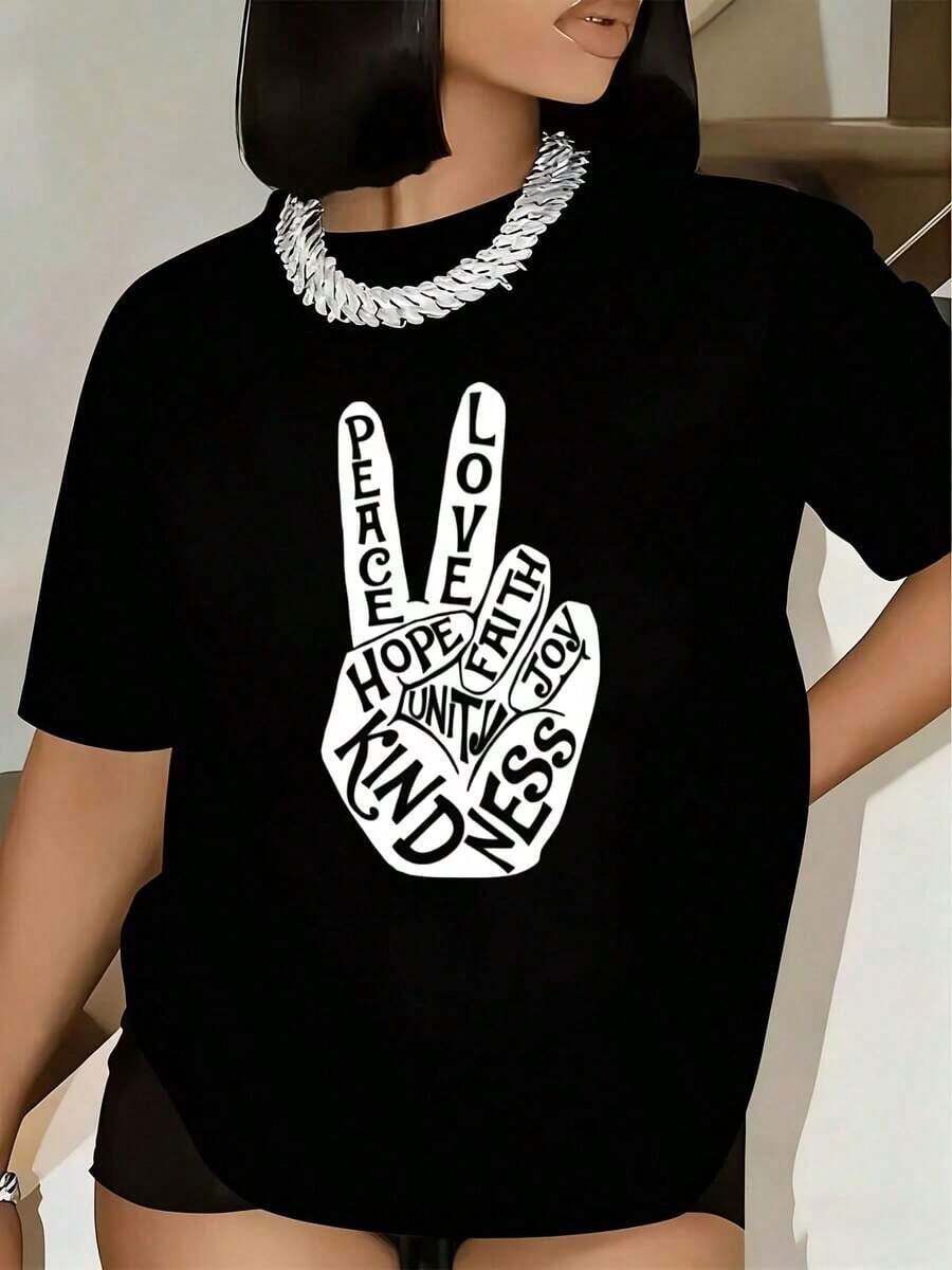 Women's T-Shirt With Hand Print: Peace, Love, Hope, Faith, Unity, Joy, Kindness, Short Sleeve, Round Neck, Casual Daily Wear, Basic Blouse For Women, Women's Blouse, Urban Style T-Shirt, Casual T-Shirt For Festivals And Daily Wear. - 黑色 - 查看 1