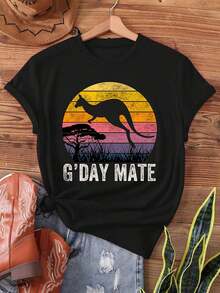 Camiseta Deportiva Casual para Mujer - Camiseta Negra Elástica de Cuello Redondo con Silueta de Canguro al Atardecer G'DAY MATE, Lavable aáquina, Ajuste Cómodo y Perfecta para Todas las Estaciones, para un Look Casual y. - Negro - Ver 6