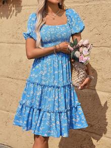 Unity Vestido con estampado floral de manga farol con fruncido bajo a capas - Azul - Ver 6