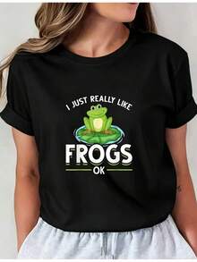 Women's Casual Sports T-Shirt With Fun Green Frog Graphic And Text I REALLY LIKE FROGS OK? - Black Elastic Crew Neck T-Shirt, Machine Washable, Comfortable Fit For All Seasons, Casual Style And Frog Lover. - 黑色 - 查看 6