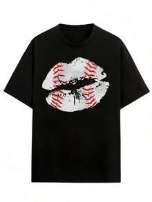 2026 Black Short Sleeve Baseball Lips Print T-Shirt Casual Clothing Blouses For Women - 黑色 - 查看 5