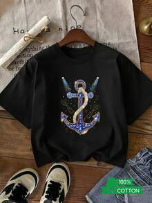 Blusa Casual para Mujer, Estilo Sencillo para Uso Diario, Camiseta de Cuello Redondo con Estampado de Letras y Anime, diseño simple, cómoda y transpirable, adecuada para el uso diario casual y versátil, mostrando un estilo natural y elegante, imprescindible para fiestas de verano, envío local. Top de Manga Corta Anchor Blue Gemstone, Cómodo, Suave, Simple para Uso Diario. - Negro - Ver 7