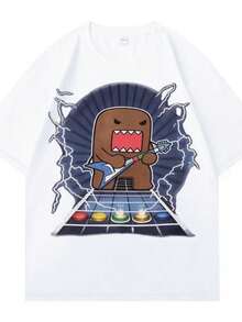 Funny Domo Kun Meme Double Sided Printed Round Neck Men's Womens Street T-Shirts Humor High Quality Casual Loose Cotton Clothing - 白色 - 查看 1