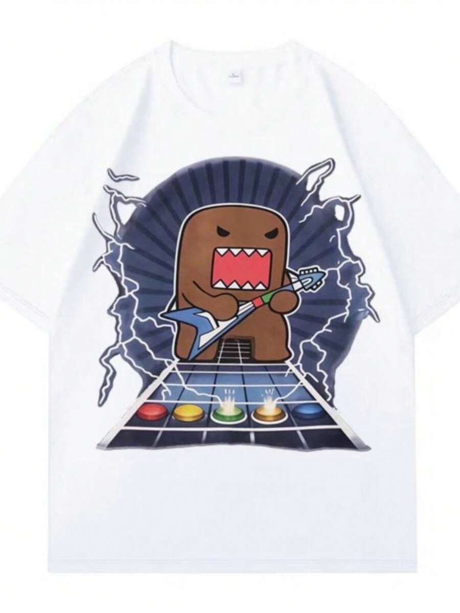 Funny Domo Kun Meme Double Sided Printed Round Neck Men's Womens Street T-Shirts Humor High Quality Casual Loose Cotton Clothing - 白色 - 查看 1
