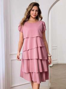 Vestido de mujer de unicolor con cuello redondo, mangas cortas con volantes en los puños y dobladillo con volantes, vestido de moda para vacaciones, primavera y verano - Rosa Pálido - Ver 6