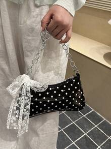 时尚波点金属链条围巾装饰新月形手提包，女士多功能托特包，沙滩包，休闲腋下包，手机包 - 黑色 - 查看 5