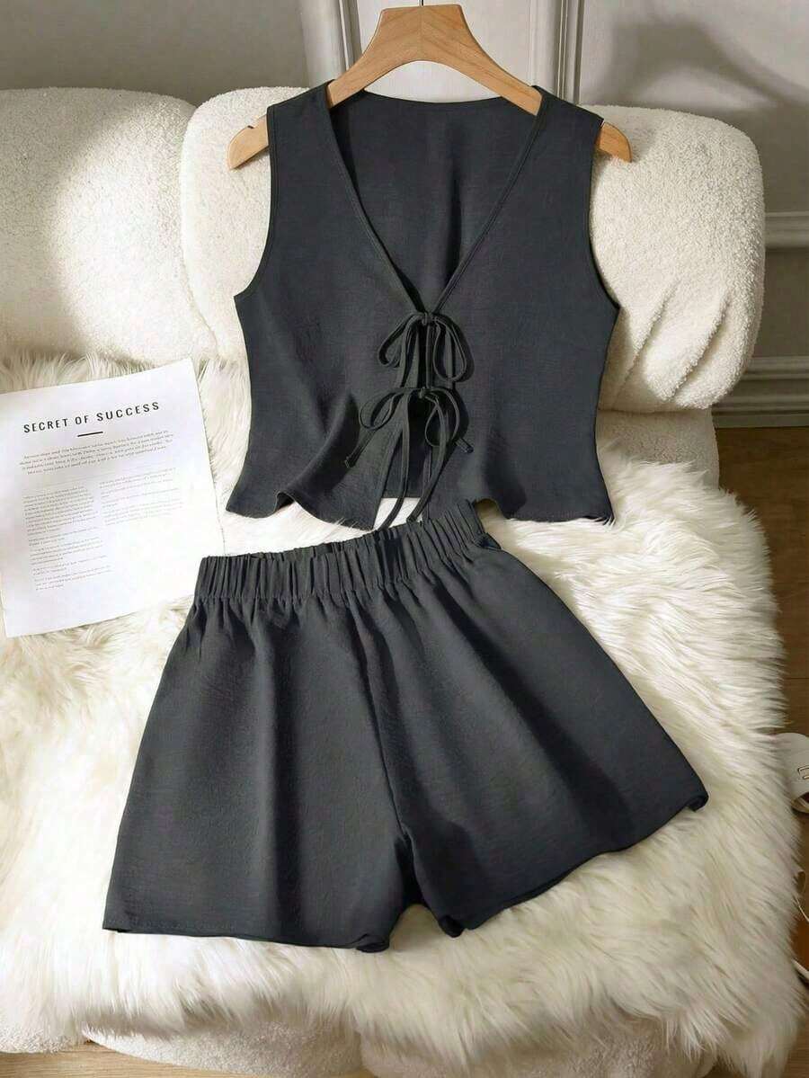 Set de 2 piezas de conjunto informal de mujer de unicolor con nudo, elegante para primavera/verano - Negro - Ver 1