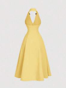 xheSHEIN MOD Vestido midi elegante sin mangas con decoración floral 3D de metal y plisados para mujerxhe - amarillo ganso - Ver 2
