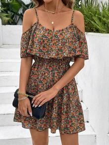 Vestido corto elegante de mujer con escote en V, volantes y cintura con estampado de lunares marrones, para vacaciones, atuendos de verano y vacaciones para mujeres - Multicolor 5 - Ver 4