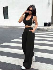 Set de 2 piezas para mujer, top corto de un solo pecho liso y pantalones - Negro - Ver 1