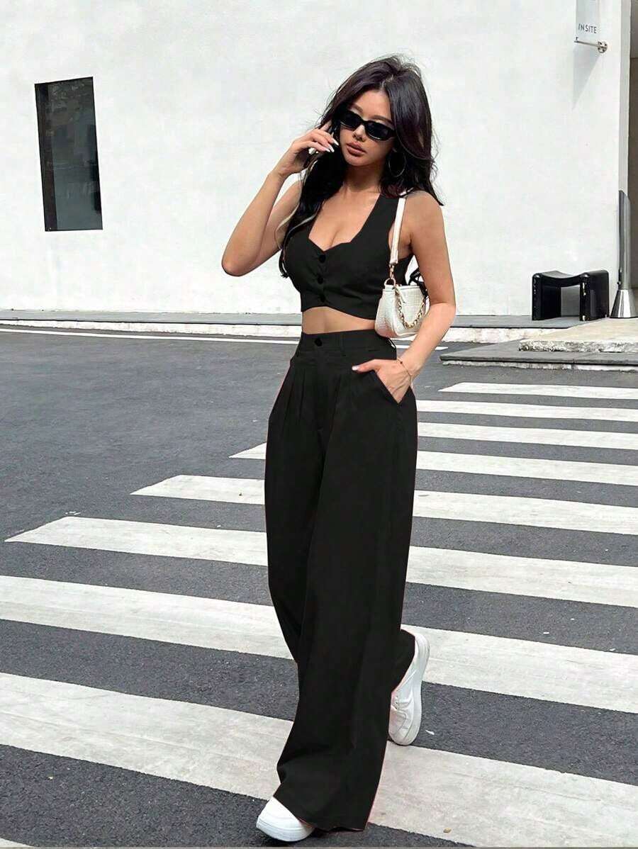Set de 2 piezas para mujer, top corto de un solo pecho liso y pantalones - Negro - Ver 1