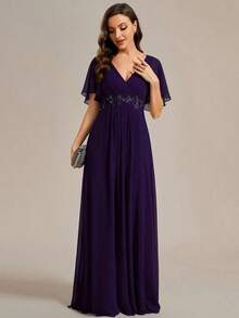 Elegante vestido de dama de honor de gasa con cuello en V, mangas con volantes bordados y plisados, vestido de noche formal para invitados de boda - Morado - Ver 5