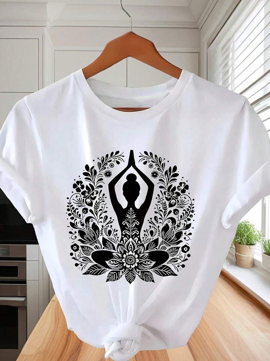 Short Sleeve T-Shirt With Lotus Mandala Print - Bohemian Design, Breathable And Comfortable, Round Neck, Casual Yoga Top, Machine Washable, Suitable For All Seasons - White - View 1