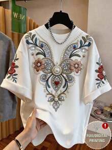 Camiseta holgada de verano con estampado de bordado y perlas falsas, elegante y casual para ir al trabajo o en una cita - Blanco 3 - Ver 5