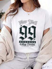 Limited Edition: Women's Casual Oversized Graphic T-Shirt, New York '99 Style, Short Sleeve, Crew Neck, Drop Shoulder, Knit Fabric, For Streetwear, Lightweight Cotton - 白色的 - 查看 6
