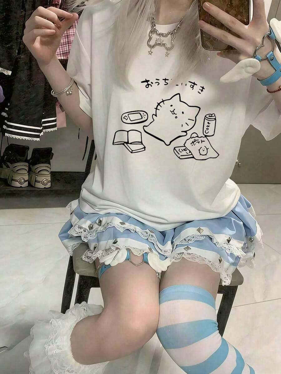 ropa de mujer Camiseta de manga corta estilo japonés para mujer, holgada, casual, con cuello redondo, versátil, con estampado de gato de dibujos animados, blanca, para primavera/verano, camisas de mujer - Blanco - Ver 1