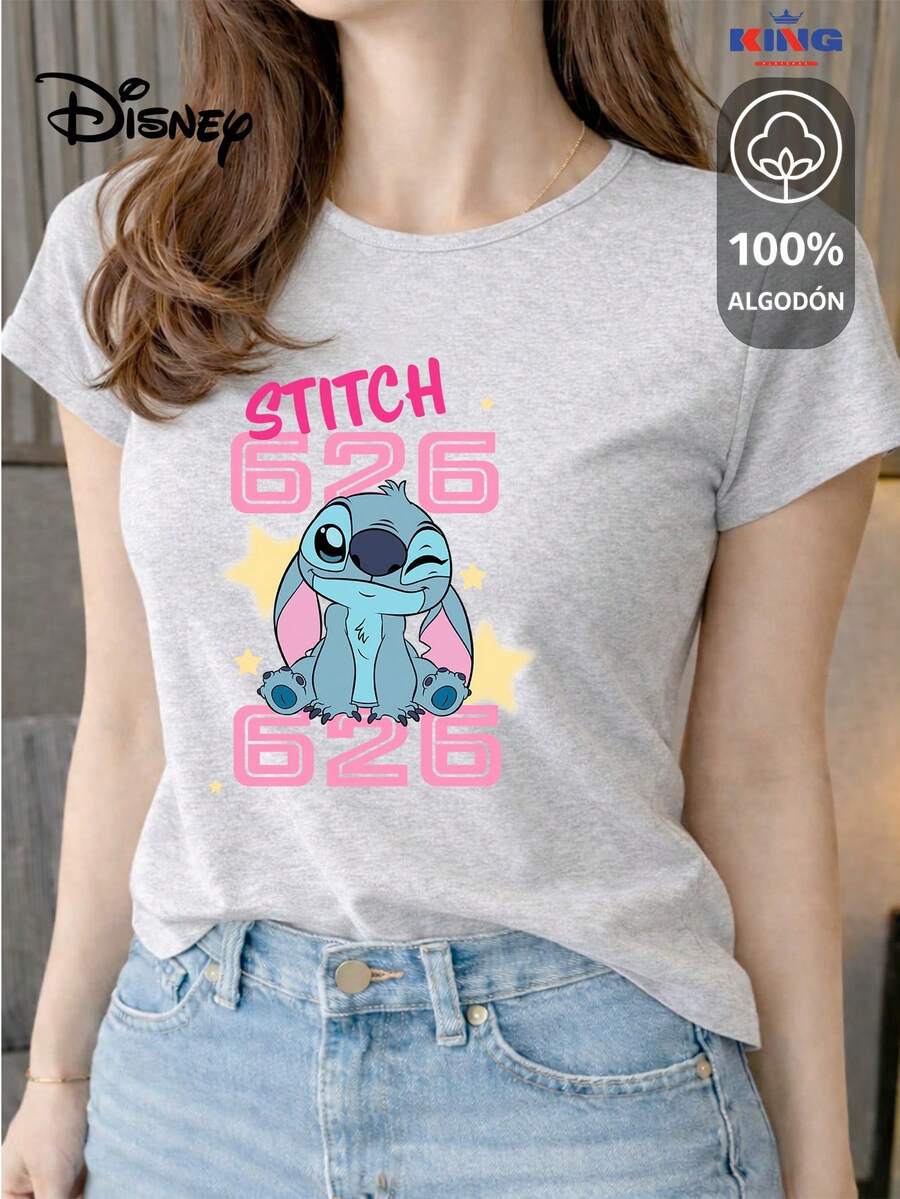 Playera 100% algodón de excelente calidad, esta playera garantiza una suavidad excepcional al tacto, cuello redondo con estampado "Disney Stitch 626 Stars" y manga corta - Gris Claro - Ver 1