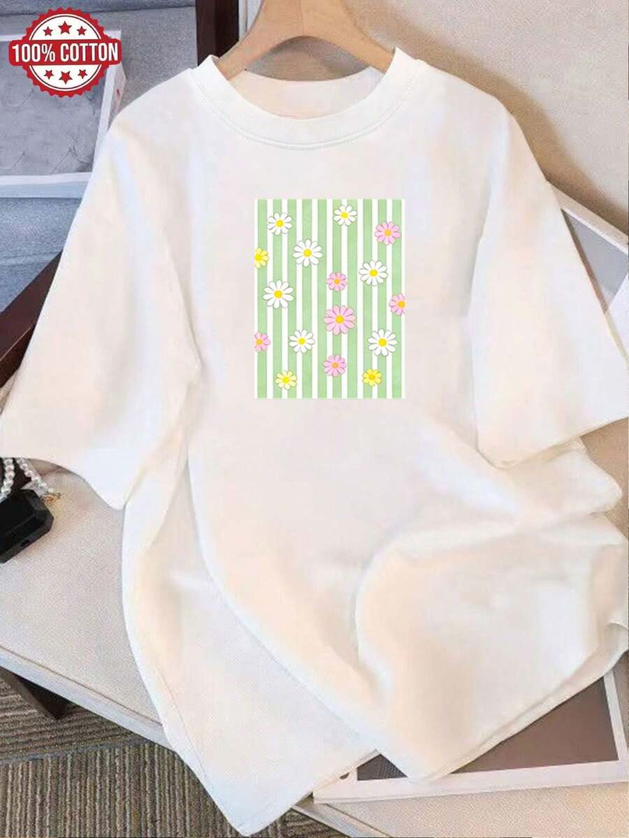 Camiseta de Verano Moderna de Algodón, Holgada, de Cuello Redondo, Versátil, Cómoda y Casual para Mujer, Blusa de Manga Corta para Uso Diario, Juvenil y a la Moda - Blanco - Ver 1