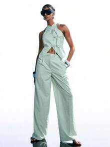 Conjunto de 2 piezas de top halter a rayas y pantalones de verano casual para mujer - verde menta - Ver 4