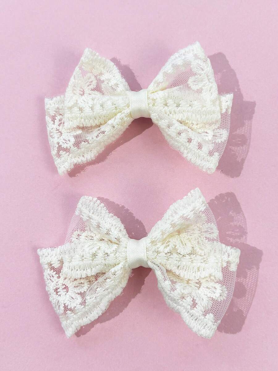 2件組女款蕾絲刺繡緞帶田園風可愛蝴蝶結髮夾，適用於洋裝、戶外活動、攝影、任何場合，髮片