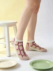 5 Pairs Purple Floral Glass Silk Sheer Socks, Cool And Refreshing - Multicolor - View 7