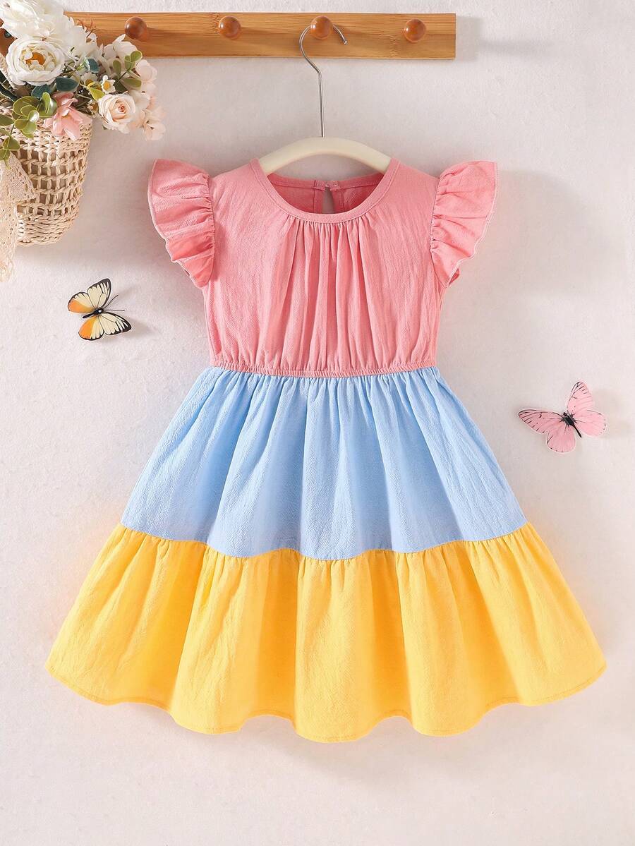 Young Girl' Colorblock Ruffled Woven Dress, Summer New Cap Sleeve A-Line Cake Dress, Nature Inspired Casual Dress For Outdoor Picnic - Multicolor - View 1