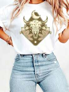 Camiseta de Mujer% Algodón, Ropa de Tallas Grandes para Mujer, Estampado Boho Occidental, Diseño de Calavera de Cactus y Luna, Estilo Vintage, Camiseta Curvy de Manga Corta% Algodón, Camisetas Gráficas para Mujer, Tops de Verano - Blanco - Ver 1
