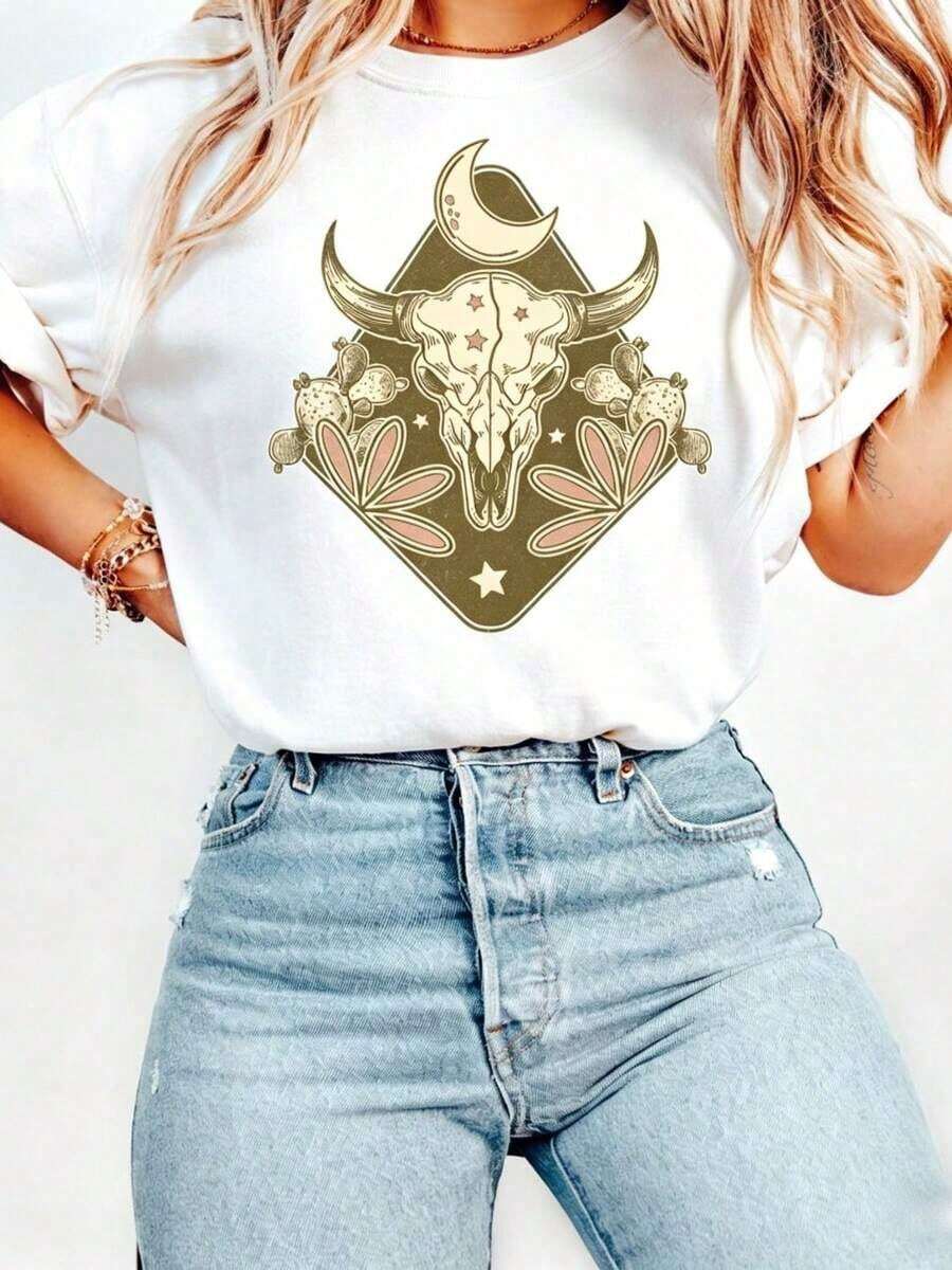 Camiseta de Mujer% Algodón, Ropa de Tallas Grandes para Mujer, Estampado Boho Occidental, Diseño de Calavera de Cactus y Luna, Estilo Vintage, Camiseta Curvy de Manga Corta% Algodón, Camisetas Gráficas para Mujer, Tops de Verano - Blanco - Ver 1