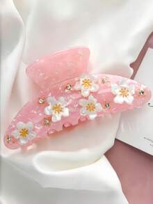 1Pc Sakura Rhinestone Hair Claw Clip Set, Pastel Floral Embellished Acrylic Jaw Clips, Elegant Hair Catch For Women & Bridal - Multicolor - View 7