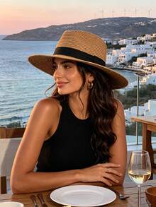 1 Peça Chapéu de Praia Fashionável de Verão para Mulheres - Chapéu de palha preto - Visão 3