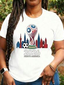Camiseta de manga corta con cuello redondo y estampado para mujer Copa del Mundo 2026 Norteamérica S-3XL moda, cómodo y transpirable Uni lavable a máquina - Blanco - Ver 2