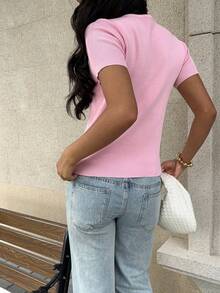 Cárdigan de punto con cuello redondo y botones con forma de corazón para mujer, primavera/verano, casual y elegante, ajustado y de longitud regular; Blusa rosa de manga corta para el Día de San Valentín, adecuada para uso diario en verano - Rosa Pálido - Ver 7