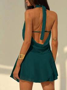 Nuevo vestido mini sexy sin espalda, de un solo color con cuello halter profundo y drapeado, con bajo asimétrico con volantes, revelador y elegante, adecuado para salir, primavera/verano - Agua verde azul - Ver 2