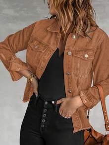 Necooer Women's Denim Jacket Old Wash Button Boyfriend Denim Jacket Jacket With Pocket - màu nâu - Xem 8