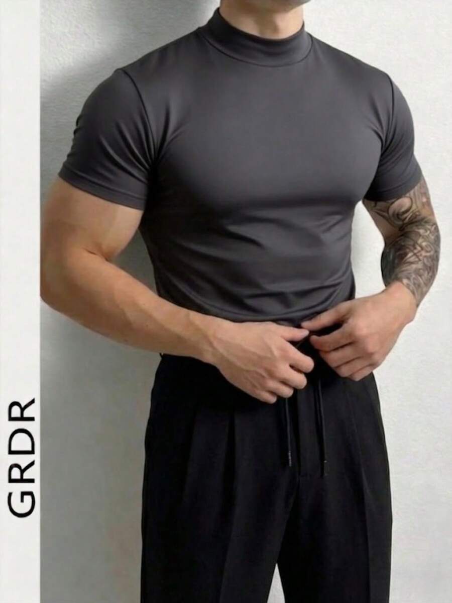 Camiseta de manga corta con cuello alto de moda para hombres GRDR, versátil para el verano y el transporte - Gris - Ver 1