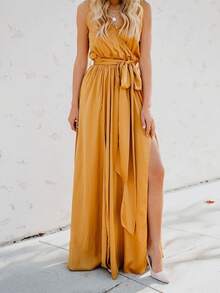 Women's Elegant Bohemian Maxi Dress, Plain V-Neck Sleeveless High Slit Full Panel Skirt - 黃色 - 查看 5