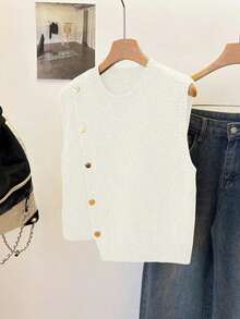 1 pieza Chaleco sin mangas de punto de unicolor con cuello redondo corto, diseño asimétrico con botones, accesorio de moda, chaleco versátil de punto para el verano - Blanco - Ver 3