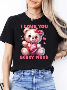 Women's Plus Size Short-Sleeved Crew Neck T-Shirt For Valentine's Day, Made Of Slightly Stretchy Fabric, With Cute Teddy Bear And Heart Designs, Suitable For Daily Wear And As A Gift For Friends And Family. - 黑色 - 查看 6