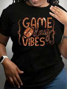 White T-Shirt With Football Graphic Print For Football Fans, Casual Match Day Wear, Women's T-Shirts - 黑色 - 查看 1