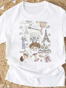 1 pieza Camiseta Ratatouille de Land Paris, Camiseta Ratatouille, Camiseta Land Paris, Camiseta de la familia Land, Camiseta con estampado gráfico de Ratatouille, temática animada para fans, cuello redondo, sudadera, tops, ropa de talla grande, diseño inspirado en París, detalles de diseño, manga corta, estilo Y2K, estilo de prenda relajado, adecuada para todas las estaciones, lavable a máquina, para uso casual y de negocios, para salidas diarias, camiseta de algodón cómoda, 180g, 100% algodón. - Blanco - Ver 8